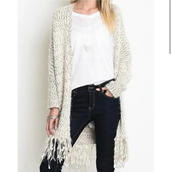 Umgee Cuddle Up Fringe Longline Cardiagan Sweater Gray White Cozy Boho Fall - Picture 2 of 13